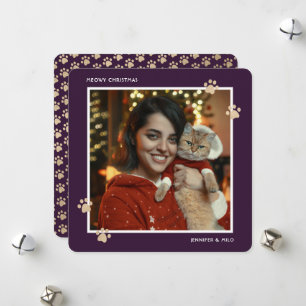 Meowy Paarse Gouden Kattenpoten Foto Feestdagenkaart