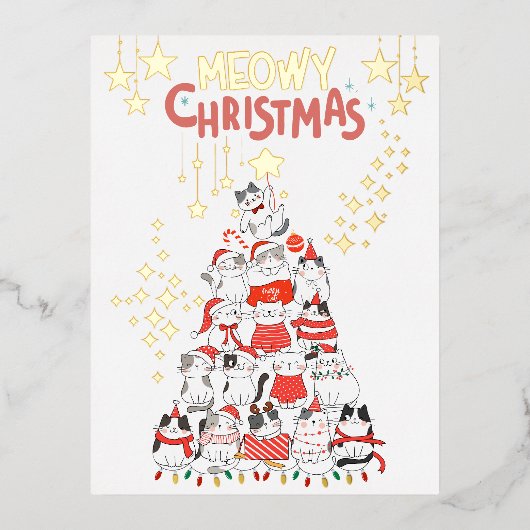 Meowy Xmas Funny Chats Christmas Tree Foil Carte p (Recto)
