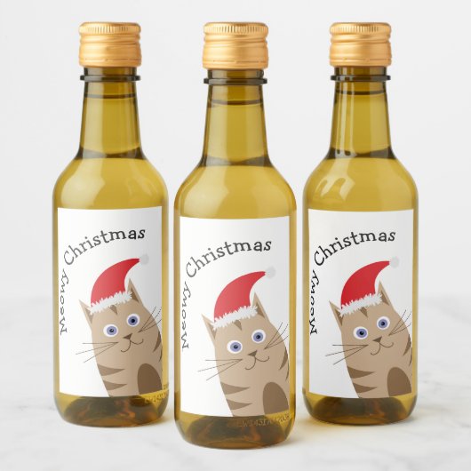 Meowy Xmas grappige kat draagt santa hat Wijn Etiket (Flessen)