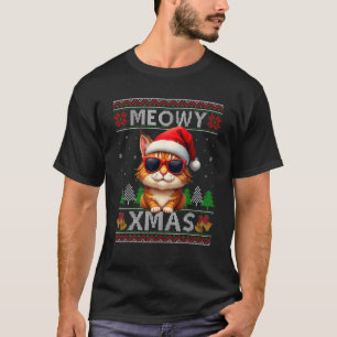 Meowy Xmas Kat Zonnebril Xmas Lights Lelijk Kerstm T-shirt