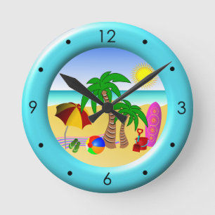Mer de Sun de plage et horloge ronde bleue moyenne