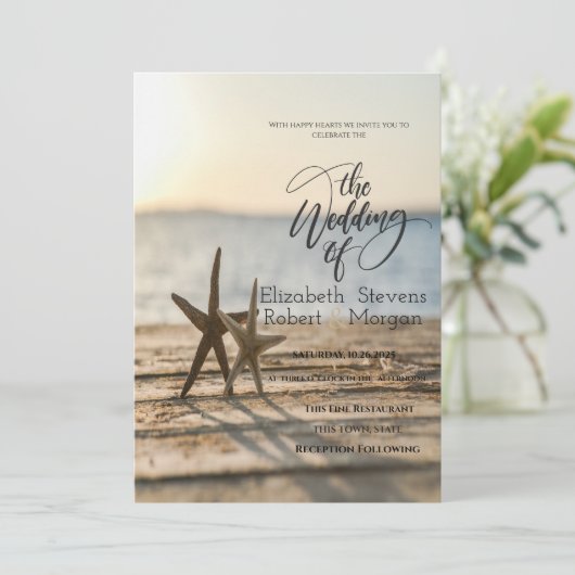 Mer étoiles Sand Beach Wedding Invitation (Debout devant)