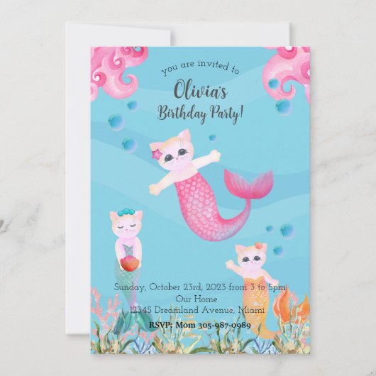 Mercat Zeemeermin Kat Verjaardagsfeest Uitnodiging (Voorkant)