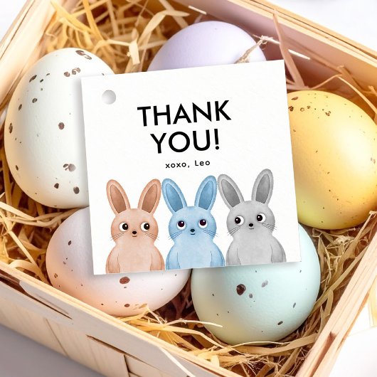 Merci à la fête étiquette avec trois petits lapins
