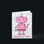 Merci à un robot Filles de robot rose moderne Anni<br><div class="desc">Cartes de remerciement sur le thème du robot pour enfants avec un robot futuriste mignon agitant rose et orange avec des engrenages mécaniques gris en arrière-plan. Le texte "Merci à un 'bot" peut être personnalisé.</div>