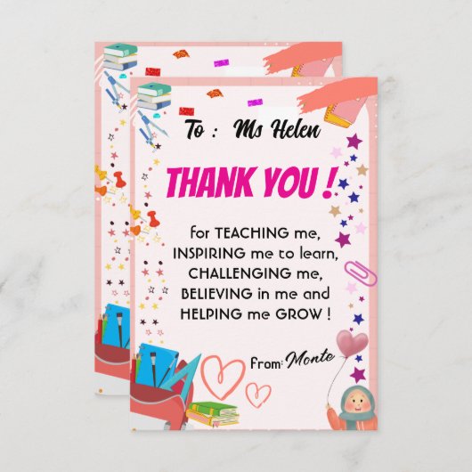 Merci aux cartes des enfants aux enseignants (Devant / Derrière)