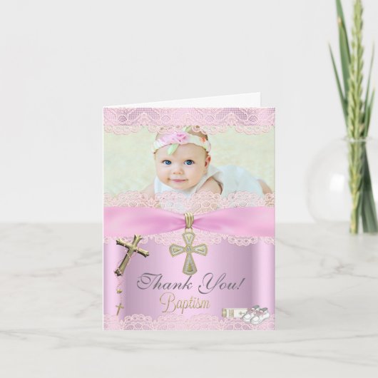 Merci Baptême Croix Rose Fille Dentelle (Devant)