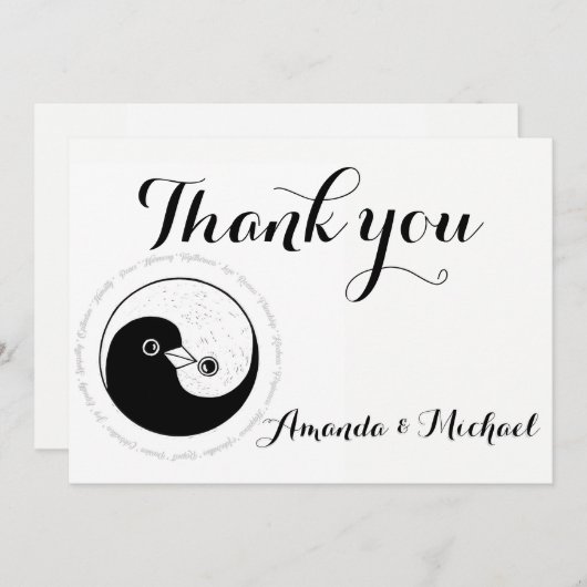 MERCI CARTE MARIAGE b/w Yin Yang colombe Harmony (Devant / Derrière)