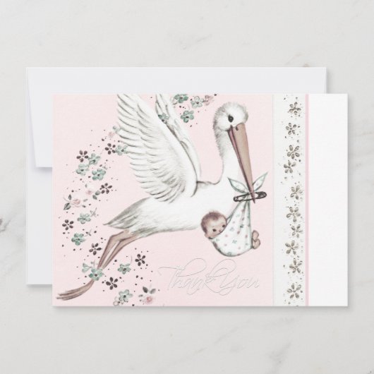 Merci de Baby shower vintage de cigogne rose (Devant)