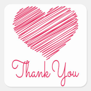 Merci Doodle Cœur Rouge Rose Autocollant / Sceau
