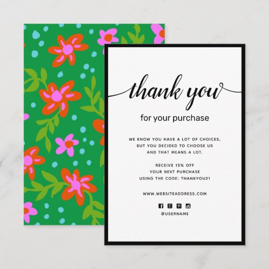 Merci floral pour votre carte de billet d'achat (Devant / Derrière)