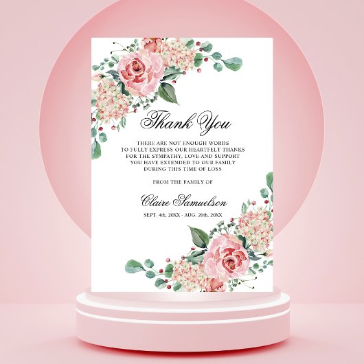 Merci funéraire en Sympathie Aquarelle rose Floral