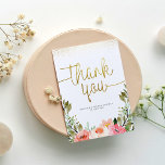 Merci Gold Script | Aquarelle rose florale<br><div class="desc">Cette carte de remerciements fait partie d'un ensemble coordonné de douches nuptiales. Une façon simple et mignonne de dire merci à vos invités du brunch ! L'avant présente une parties scintillant en faux or, des lettres en or, de la typographie moderne et des fleurs d'aquarelle. À l'arrière, il y a...</div>