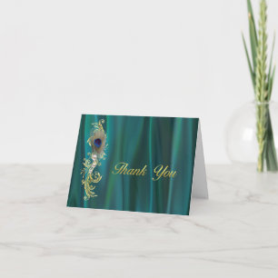 Merci Mariage en satin turquoise et plumes de paon