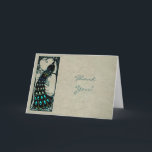 Merci Mariage Peacock vintage<br><div class="desc">Un élégant design Art Nouveau avec une silhouette d'un paon avec des teals et des verts et des bleus contre un parchemin vieilli qui a l'air arrière - plan. Parfait pour les mariages formels ou informels !</div>
