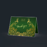 Merci Mariage Royal Green Gold Peacock<br><div class="desc">Design unique avec Royal Green Gradient arrière - plan et abstrait Gold Sparkling Peacocks pour votre événement mariage spécial. Il donnera une touche unique à votre style mariage. Sois différent ! Personnalisez avec vos propres informations. Si vous devez déplacer le texte ou modifier la taille, la police ou la couleur,...</div>