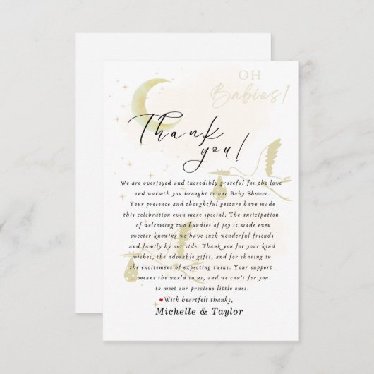 Merci Note Card Oh Babies! Stork Neutral Twins (Devant / Derrière)