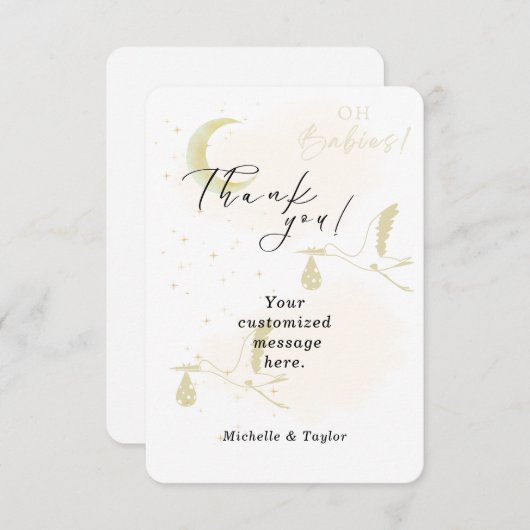 Merci Note Card Oh Babies! Stork Neutral Twins (Devant / Derrière)