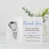 Merci photo bébé Faire-part de naissance bleu (Debout devant)