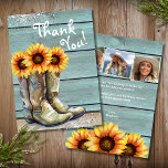 Merci photo Bottes de tournesol rustique<br><div class="desc">Photo Merci Rustic Country Western Sunflower Boots Cartes présente une aquarelle illustrant des bottes de cowgirl remplies de tournesols avec le texte "Merci" dans la typographie de script moderne et personnalisées avec votre message personnalisé et trois photos au verso. Conçu par Evco Studio www.zazzle.com/store/evcostudio</div>