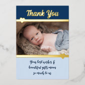 Merci pour cadeaux nouvelle carte bébé bleu or feu (Recto)