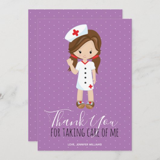 Merci Purple Script Brunette Caricature Nurse (Devant / Derrière)