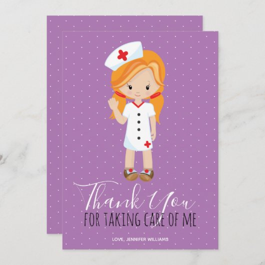 Merci Purple Script Ginger Cartoon Nurse (Devant / Derrière)