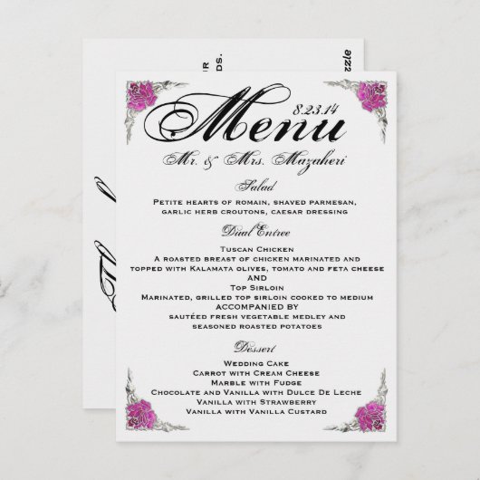 Merci rose de menu de dîner de mariage de (Devant / Derrière)