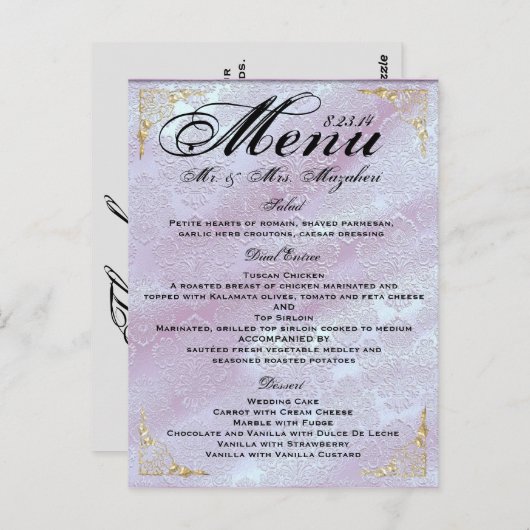 Merci rose de menu de dîner de mariage de lavande (Devant / Derrière)