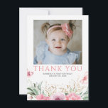 Merci rose Floral Anniversaire Carte photo<br><div class="desc">Fleurs roses et élégante aquarelle verte anniversaire merci carte photo</div>