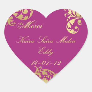 Merci Seal - Fuschia & Goud Bloemen Bruiloft Stick Hart Sticker
