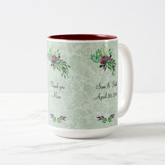 Merci vert Mint Damask 15 oz Mug à deux tons (Devant droit)