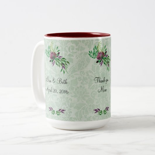 Merci vert Mint Damask 15 oz Mug à deux tons (Devant gauche)