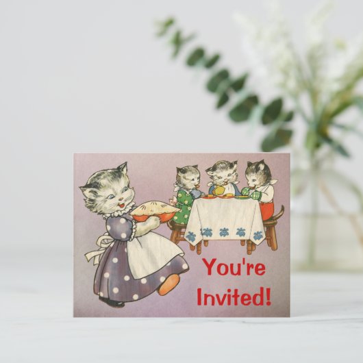 Mère Chat & Chatons Manger Pie - Invitation à la f (Debout devant)