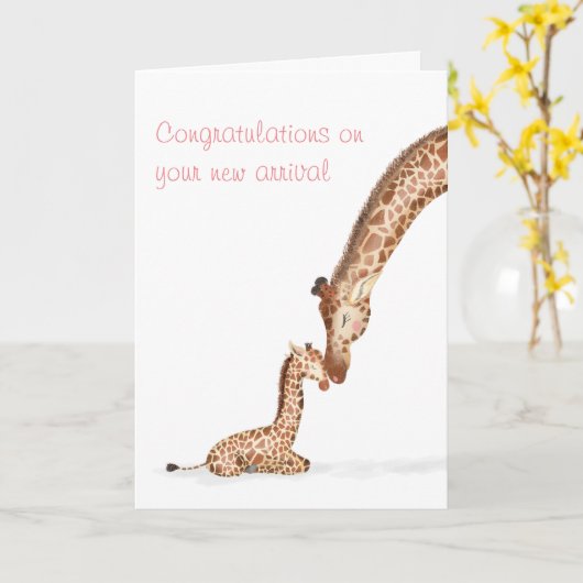 Mère girafe et veau nouvelle carte bébé (rose) (Fleur jaune)