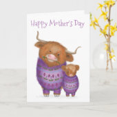 Mère mignonne et bébé Vache Highland Carte de la F (Fleur jaune)