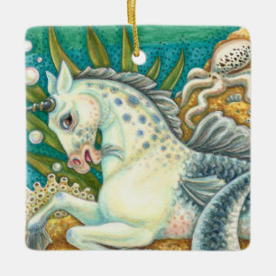 MERHORSE & WHITE OCTOPUS, FANTASY UNICORN HORSE KERAMISCH ORNAMENT