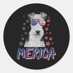 Merica Draad Fox Terrier Hond 4 juli VS Cadeau  Ronde Sticker