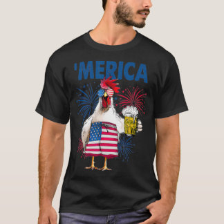 Merica Funny Chicken met bier Vlag 4e van T-shirt