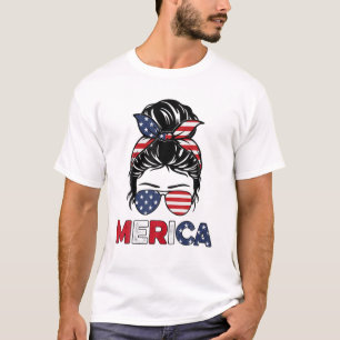 Merica Mam Girl American Flag Messy Bun Hair 4Th O T-shirt