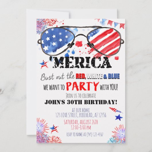 "Merica Patriotic Red White en Blue Birthday Kaart (Voorkant)