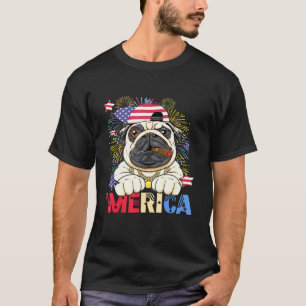 Merica Pug us Vlag Pet Vuurwerk 4 juli Patri T-shirt