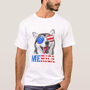 Merica Siberische Husky Hond Amerikaanse vlag 4th T-shirt
