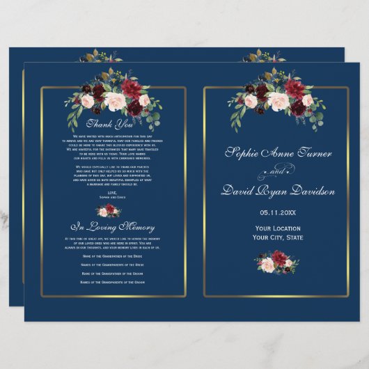 Merlot Floral Navy Blue Gold Lijst Wedding Program (Voorkant / Achterkant)