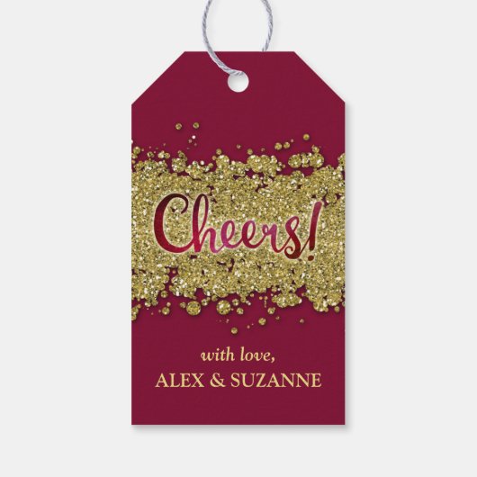 Merlot/Gold Faux-Glitter Cheers Custom Cadeaulabel (Achterkant)