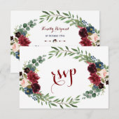 Merlot Marine Bleu Floral Fleur Mariage RSVP (Devant / Derrière)