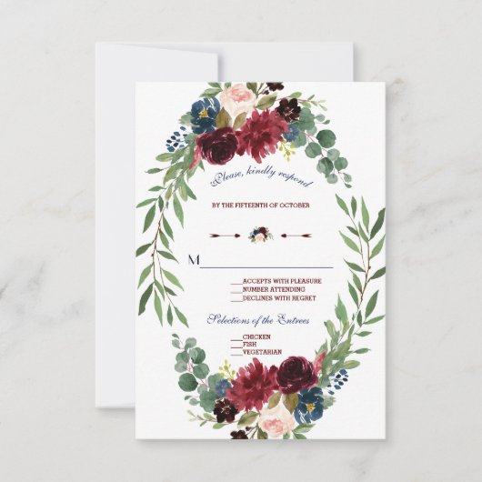 Merlot Marine Bleu Floral Fleur Mariage RSVP (Devant)
