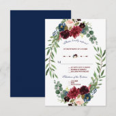 Merlot Marine Bleu Floral Fleur Mariage RSVP (Devant / Derrière)