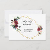 Merlot Marine Blue Floral Gold Frame Wedding RSVP (Dos)