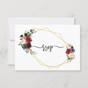 Merlot Marine Blue Floral Gold Frame Wedding RSVP